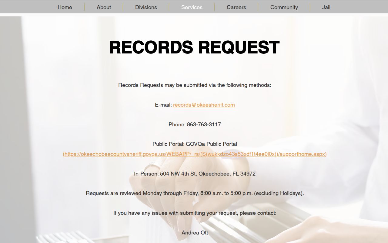 Okeechobee County booking record request page